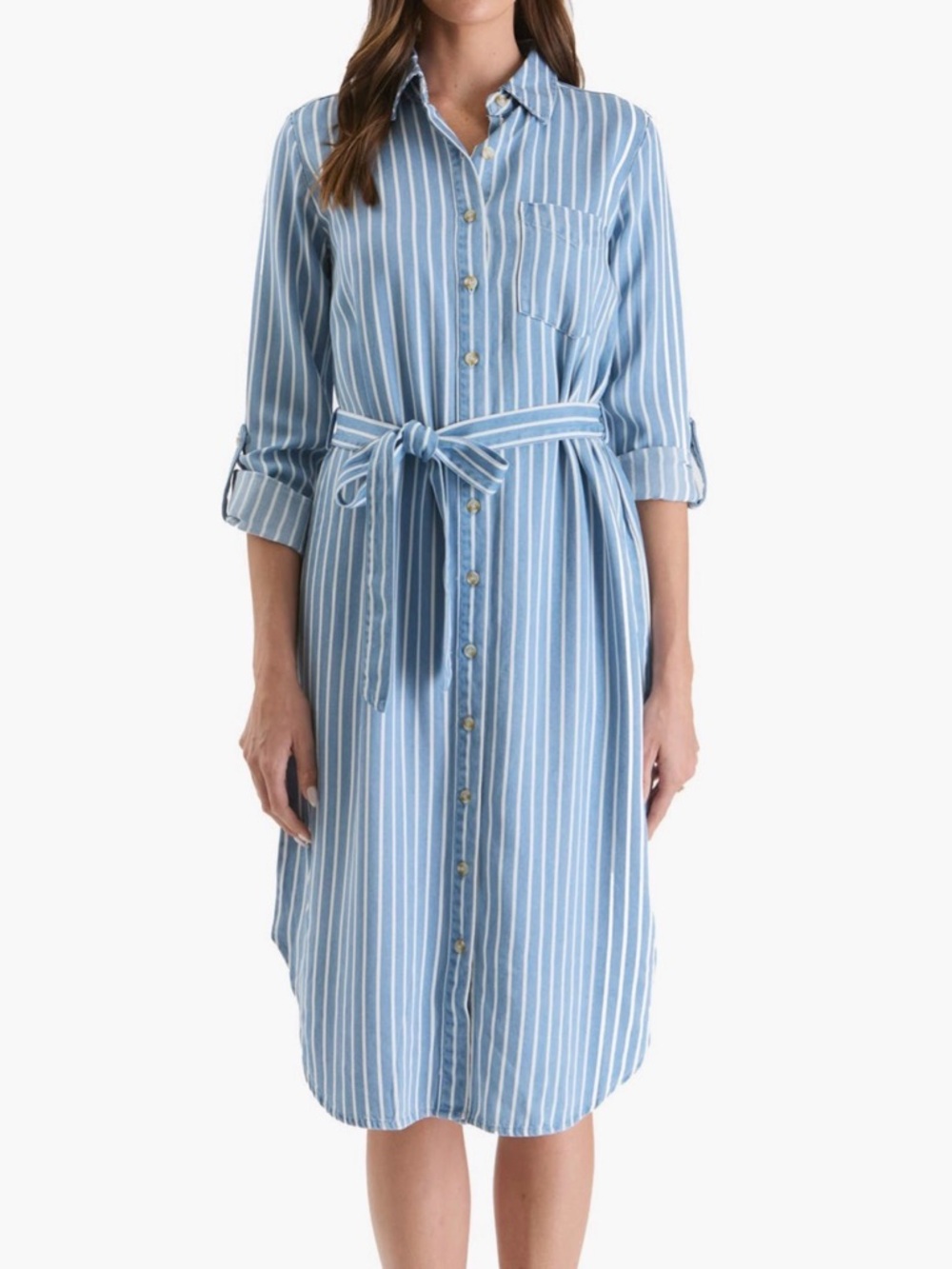 Women's Light Blue Striped Button-Front Shirt Dress with Tie Waist